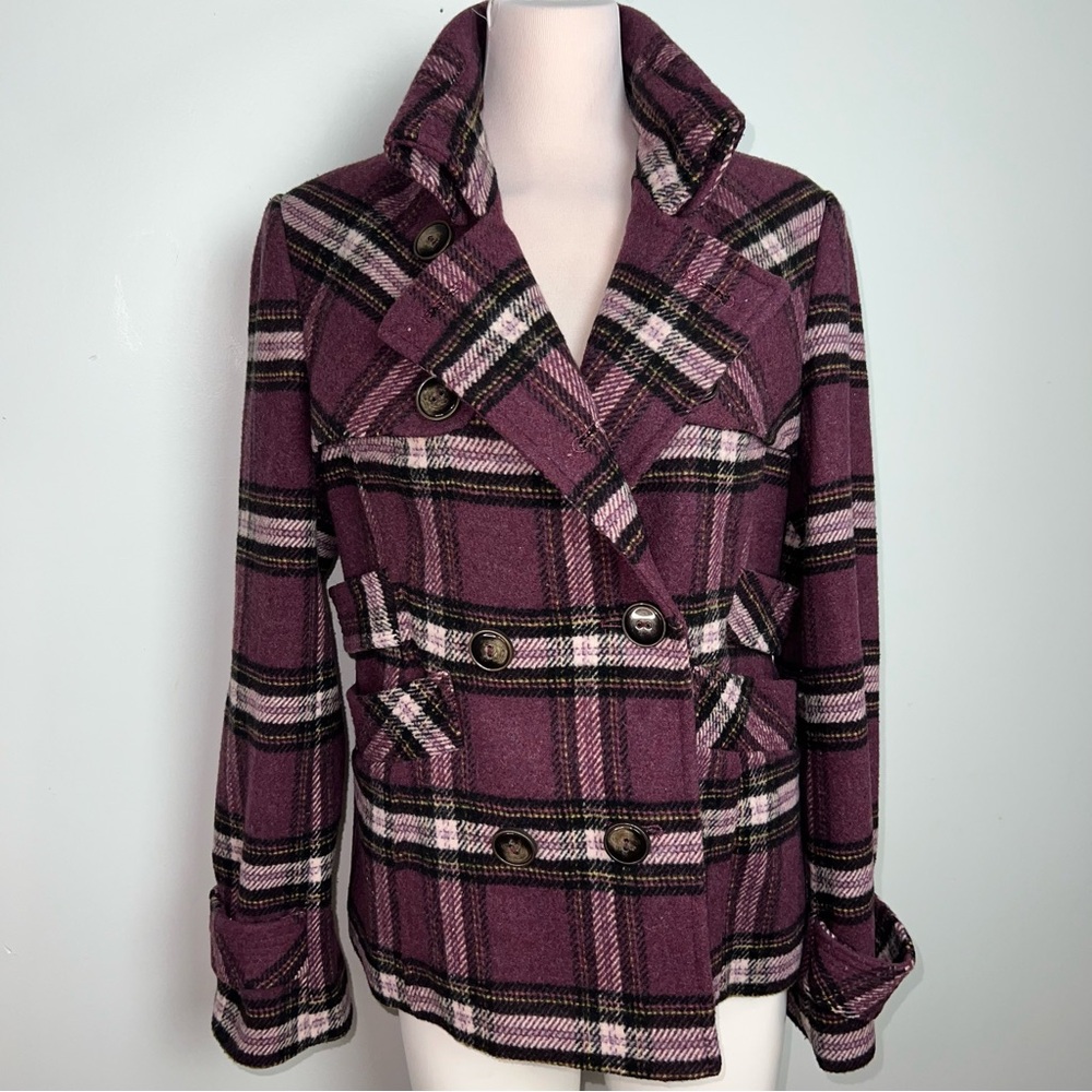Green with Envy Plum Purple Plaid Wool Blend Peacoat Jacket Coat Women’s Large